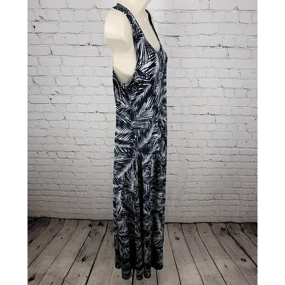 Michael Kors Navy & White Palm Leaf Front Slit Stretch Midi Dress Size Medium M